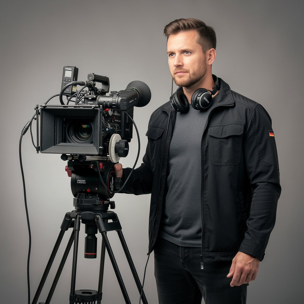 Male camera operator wearing headphones in a studio