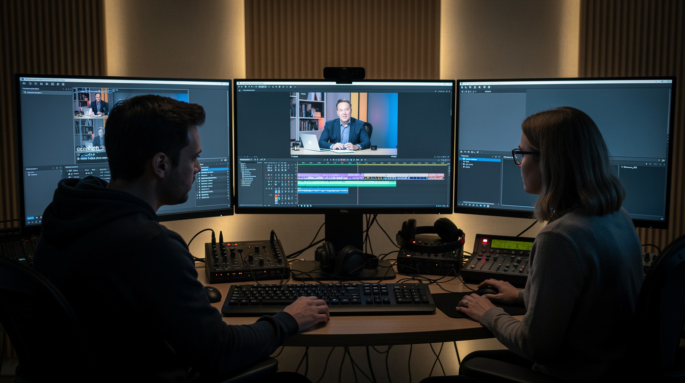 Video editors reviewing footage on multiple monitors