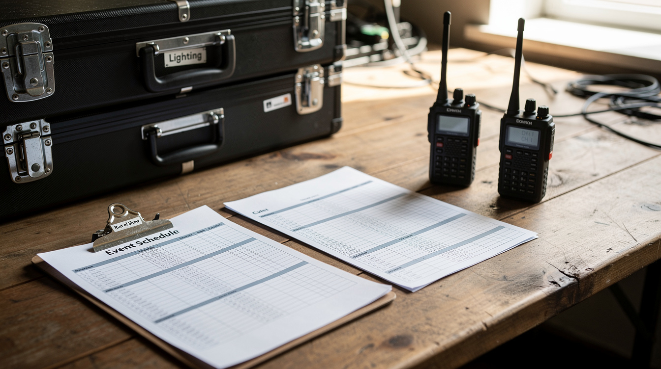 Event planning table with schedules and equipment cases