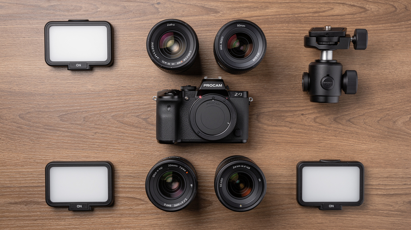 Camera gear, lenses and lighting equipment laid out on a table