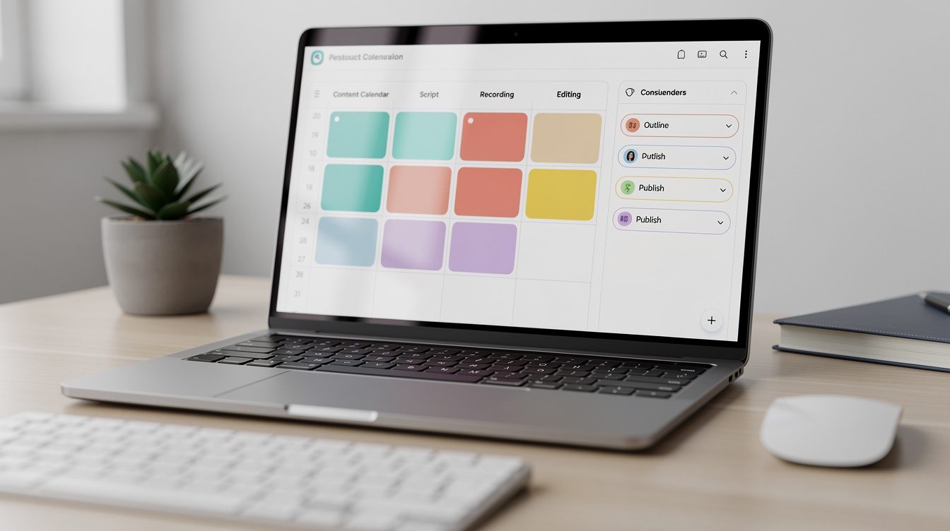 Laptop screen showing a content production schedule dashboard